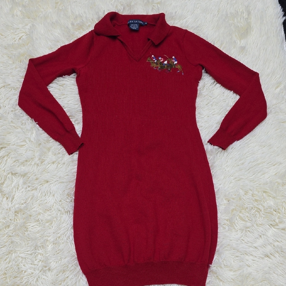 Ralph Lauren Red V-Neck Polo Sweater Dress with Embroidered Detail